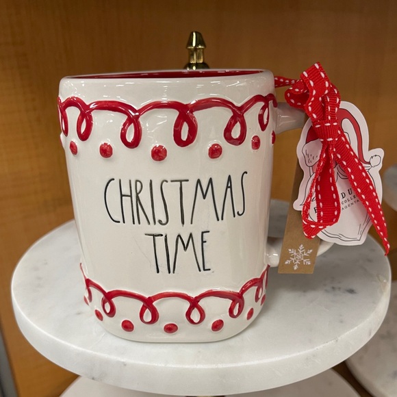 Rae Dunn Christmas Time Lace Scalloped Ribbon Ceramic Coffee Mug NWT - Picture 1 of 4